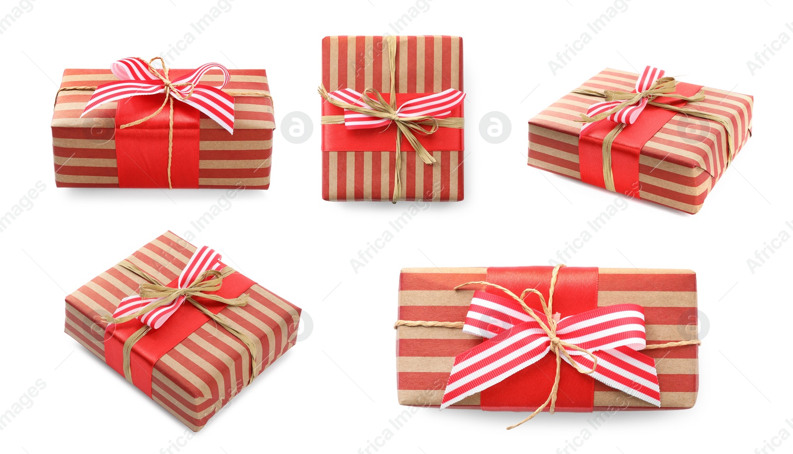 Image of Set of different Christmas gift boxes on white background, banner design 