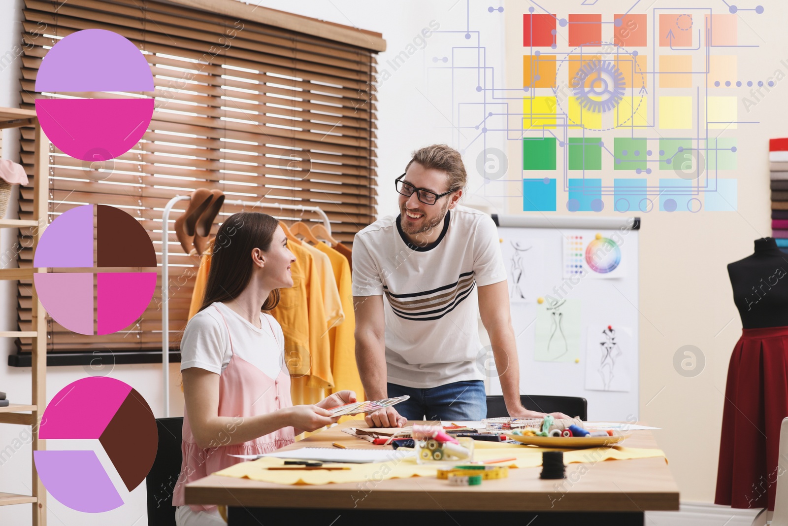 Image of Fashion designers creating new clothes in studio and illustration of colorful graphs
