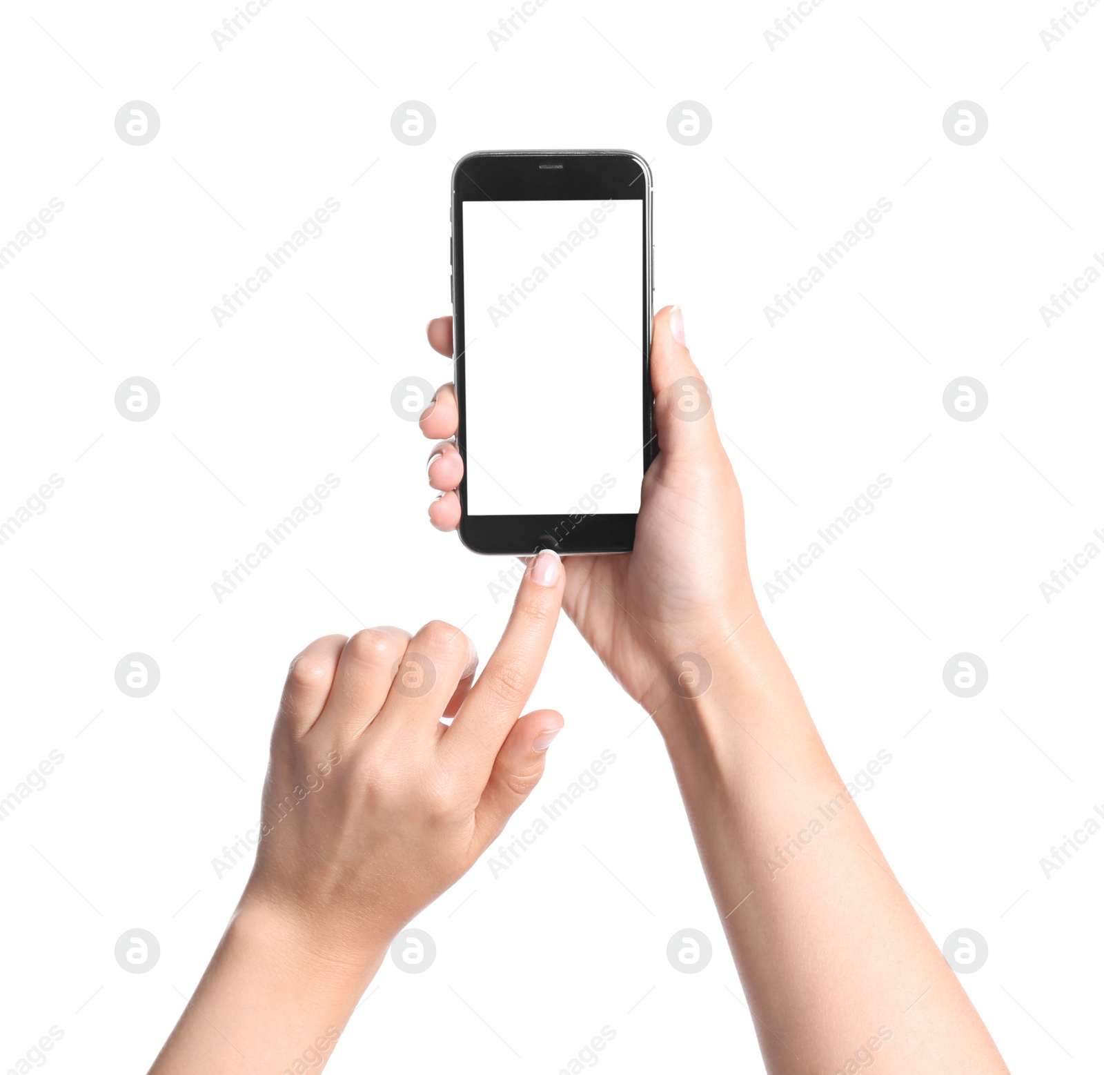 Photo of Young woman holding mobile phone with blank screen in hands on white background