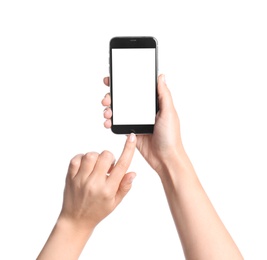 Photo of Young woman holding mobile phone with blank screen in hands on white background