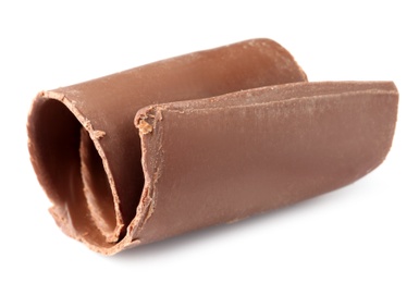 Photo of Curl of tasty chocolate on white background