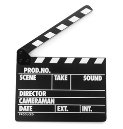 Photo of Clapper board isolated on white. Cinema production