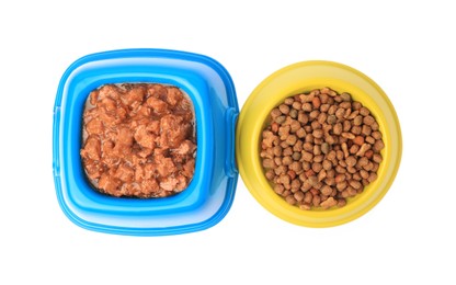 Photo of Dry and wet pet food in feeding bowls isolated on white, top view