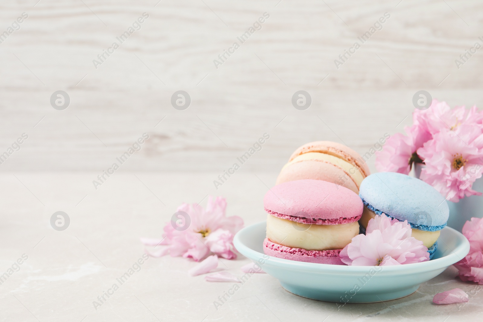 Photo of Delicious colorful macarons and pink flowers on light grey table, space for text