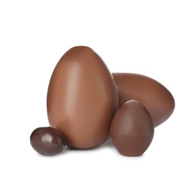 Photo of Tasty chocolate Easter eggs on white background