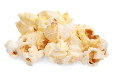 Photo of Fresh popcorn isolated on white. Tasty snack