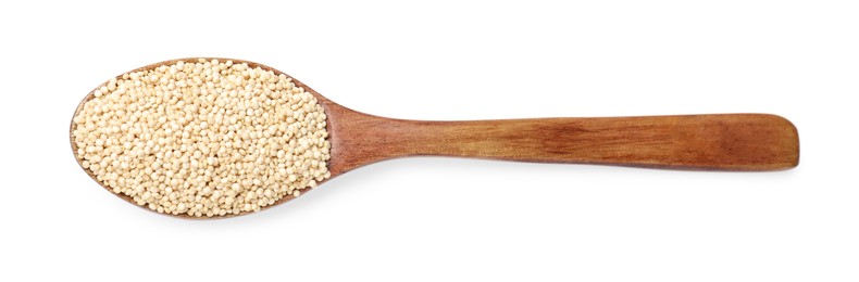 Photo of Wooden spoon with raw quinoa isolated on white, top view