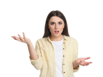 Photo of Portrait of emotional young woman on white background