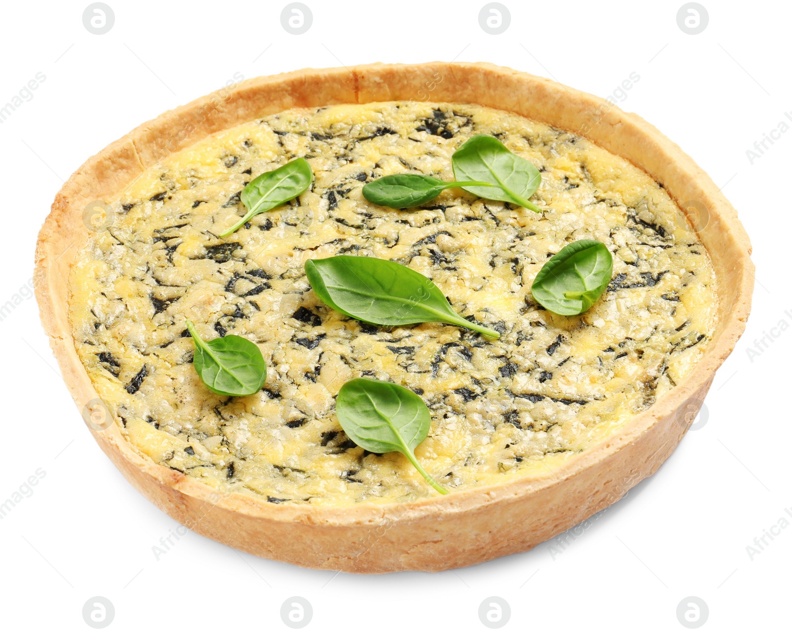 Photo of Delicious homemade spinach pie isolated on white