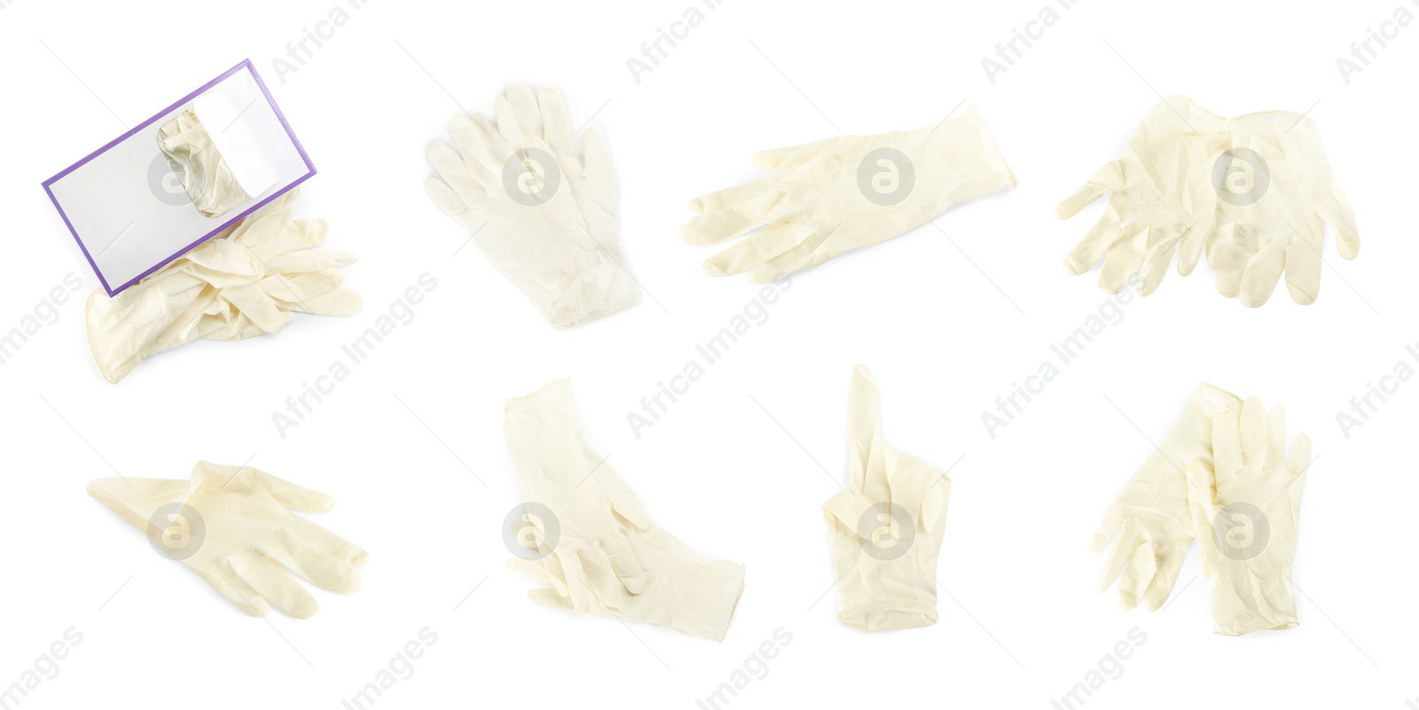 Image of Set of medical gloves on white background. Banner design