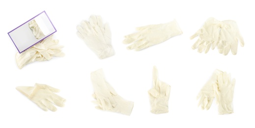 Image of Set of medical gloves on white background. Banner design