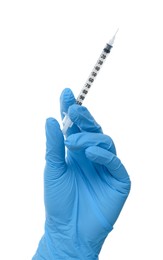 Doctor holding medical syringe on white background, closeup