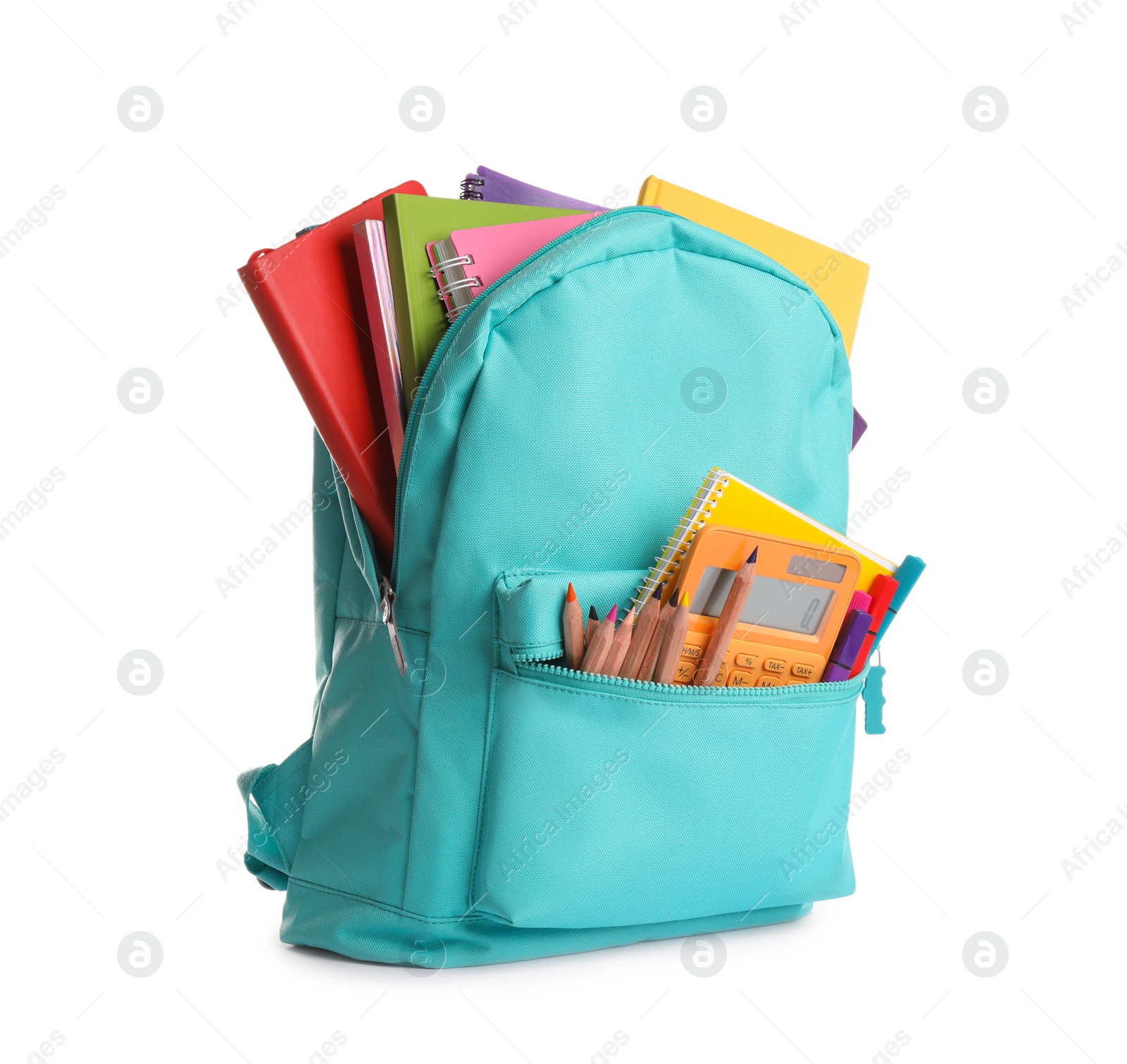 Photo of Turquoise backpack with different school supplies isolated on white