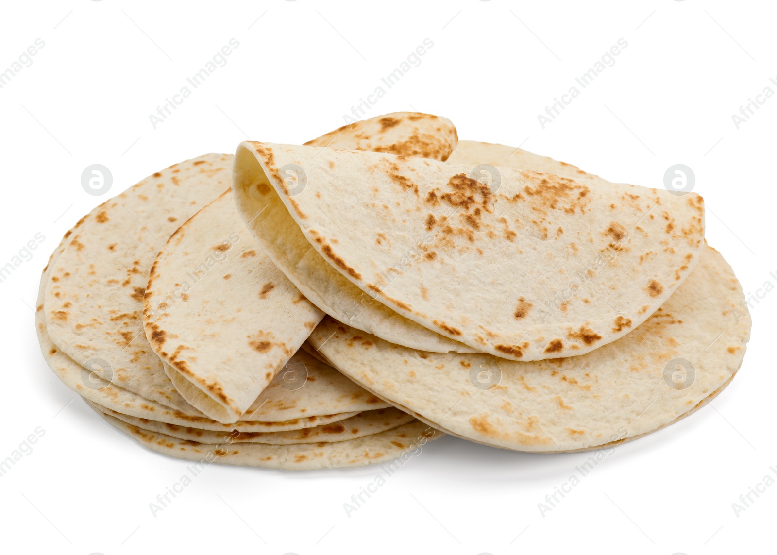 Photo of Many tasty homemade tortillas isolated on white