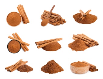 Image of Set with aromatic cinnamon sticks and powder on white background 