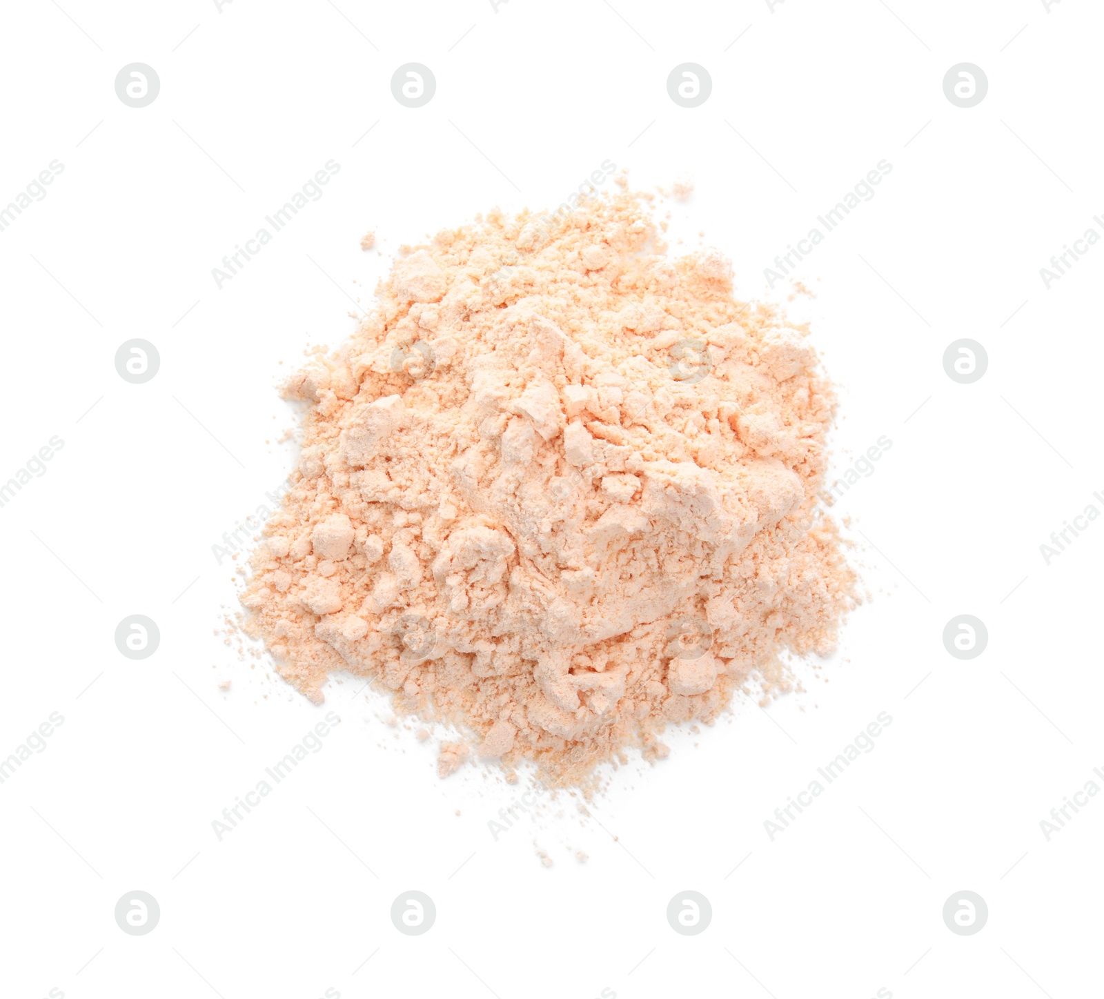 Photo of Pile of lentil flour isolated on white, top view