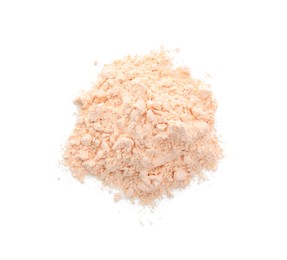 Photo of Pile of lentil flour isolated on white, top view