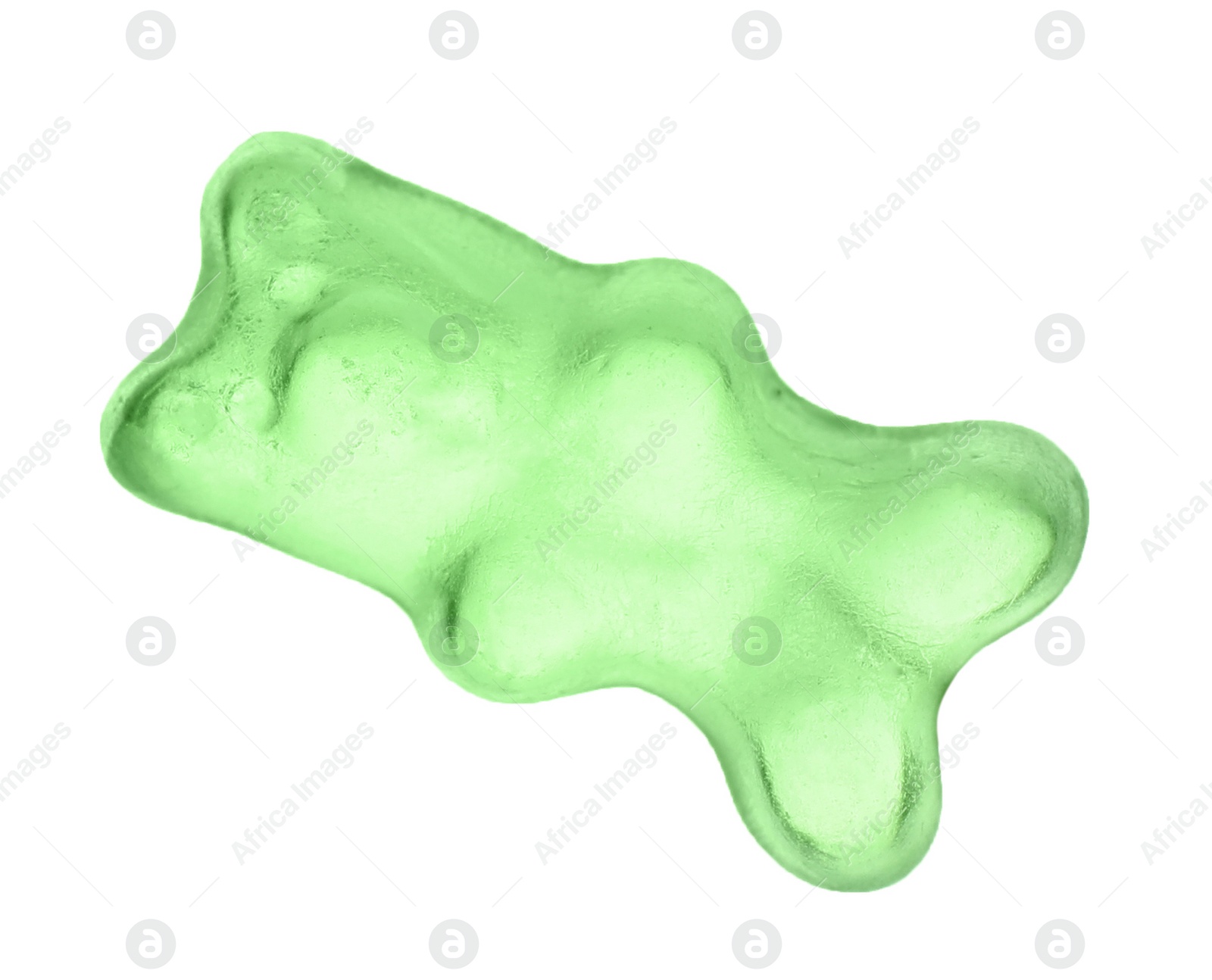 Photo of Delicious green jelly bear on white background