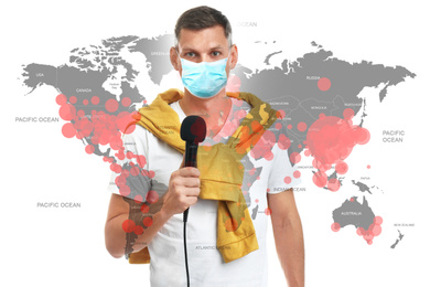 Journalist with medical mask presenting news during coronavirus outbreak. World map demonstrating spread of disease