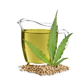 Photo of Jug with hemp oil, leaf and seeds on white background