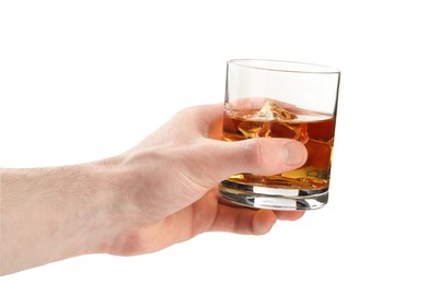 Photo of Man holding glass of whiskey with ice cubes on white background, closeup