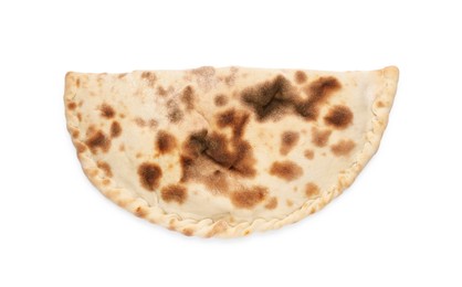 Photo of Delicious calzone on white background, top view
