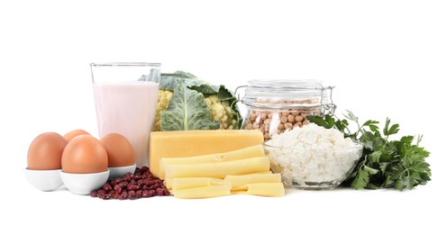 Photo of Set of natural food high in calcium on white background