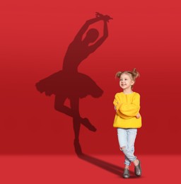 Image of Dream about future occupation. Smiling girl and silhouette of ballerina on red background