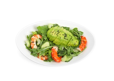 Delicious avocado salad with shrimps in bowl on white background