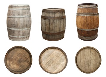 Image of Different wooden barrels isolated on white, top and side views. Collage design