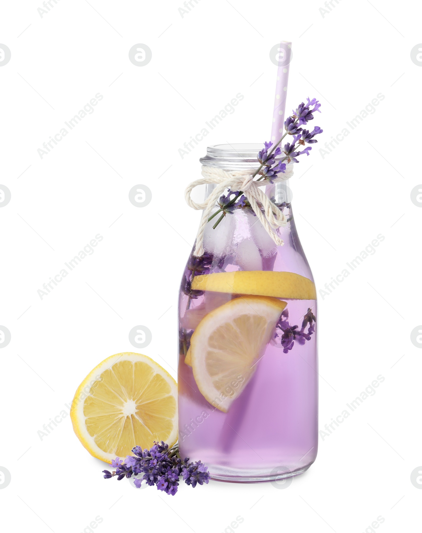 Photo of Fresh delicious lemonade with lavender and straw on white background
