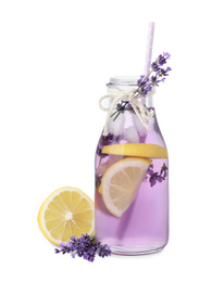 Fresh delicious lemonade with lavender and straw on white background