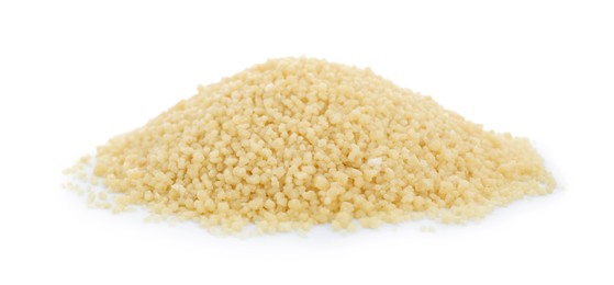 Pile of raw couscous on white background