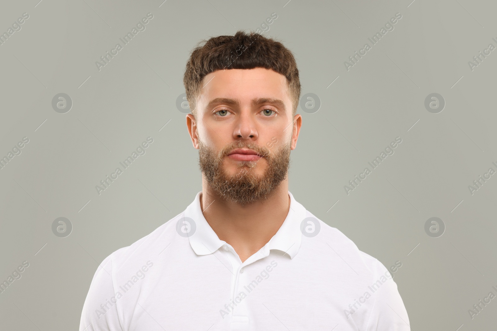 Photo of Portrait of handsome man on grey background