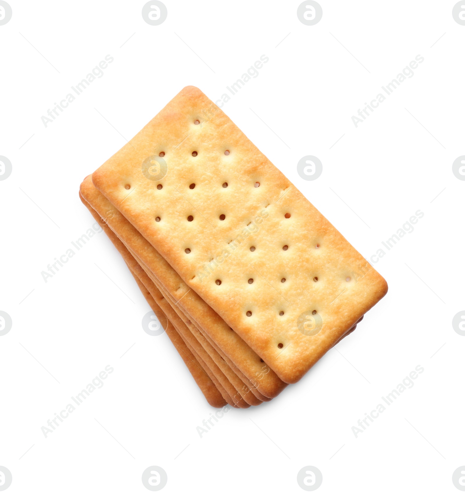 Photo of Stack of delicious crispy crackers isolated on white, top view