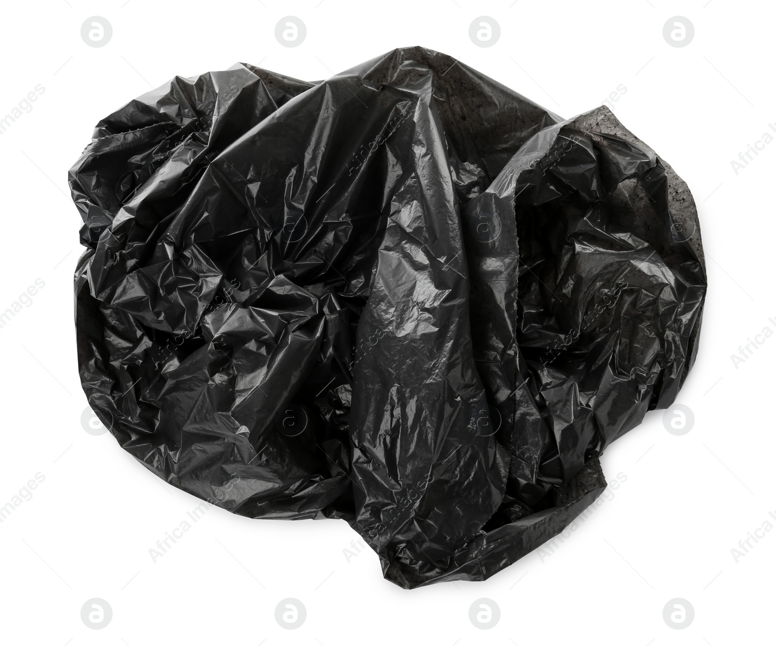 Photo of Used black plastic bag isolated on white