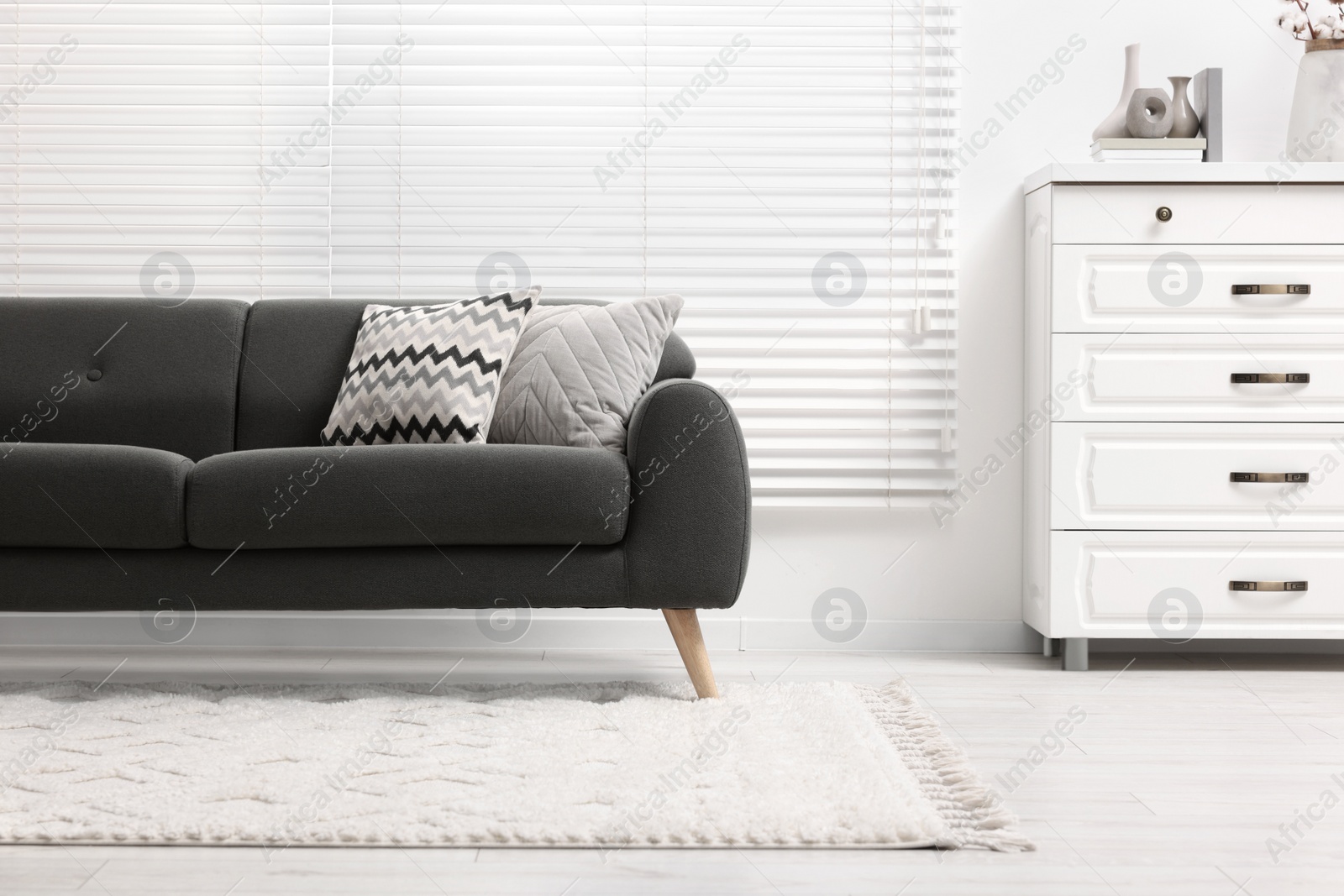 Photo of Living room with soft carpet and stylish sofa. Modern interior