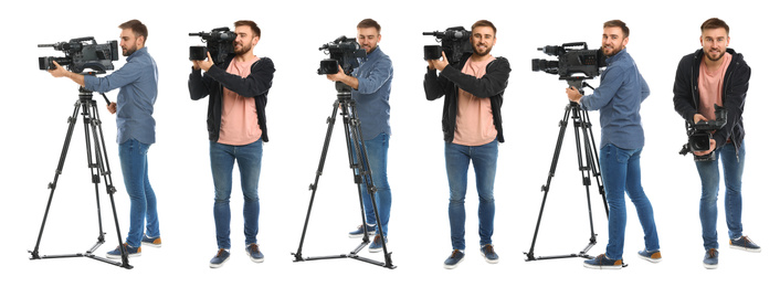 Collage of operator with professional video camera on white background. Banner design