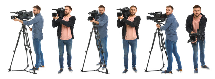 Image of Collage of operator with professional video camera on white background. Banner design