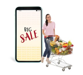 Image of Sale flyer design. Happy woman with shopping cart full of groceries and huge smartphone on white background