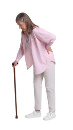 Photo of Senior woman with walking cane suffering from back pain on white background