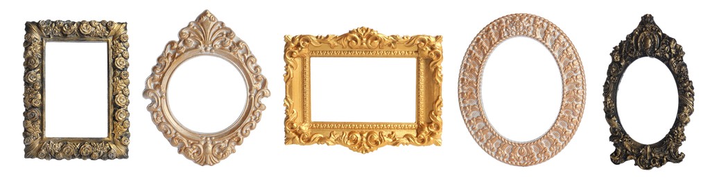 Image of Set of different vintage frames on white background