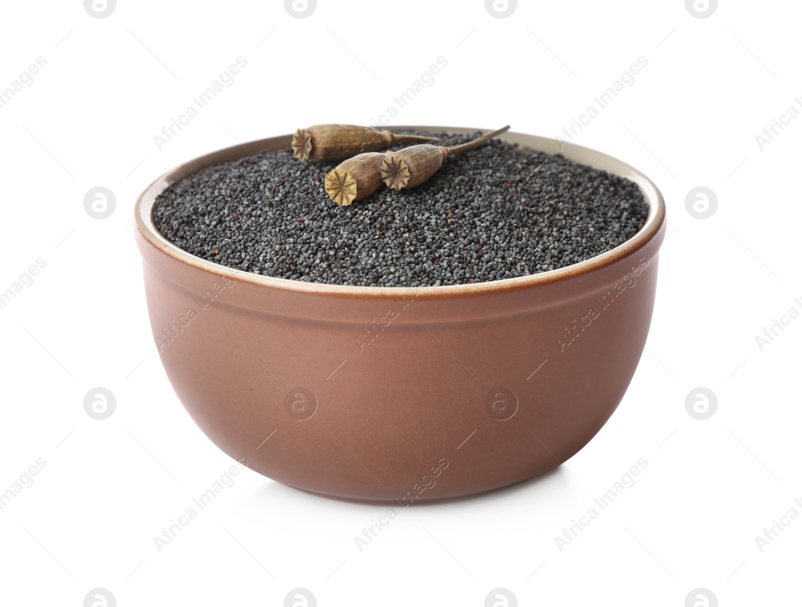 Photo of Poppy seeds in ceramic bowl isolated on white