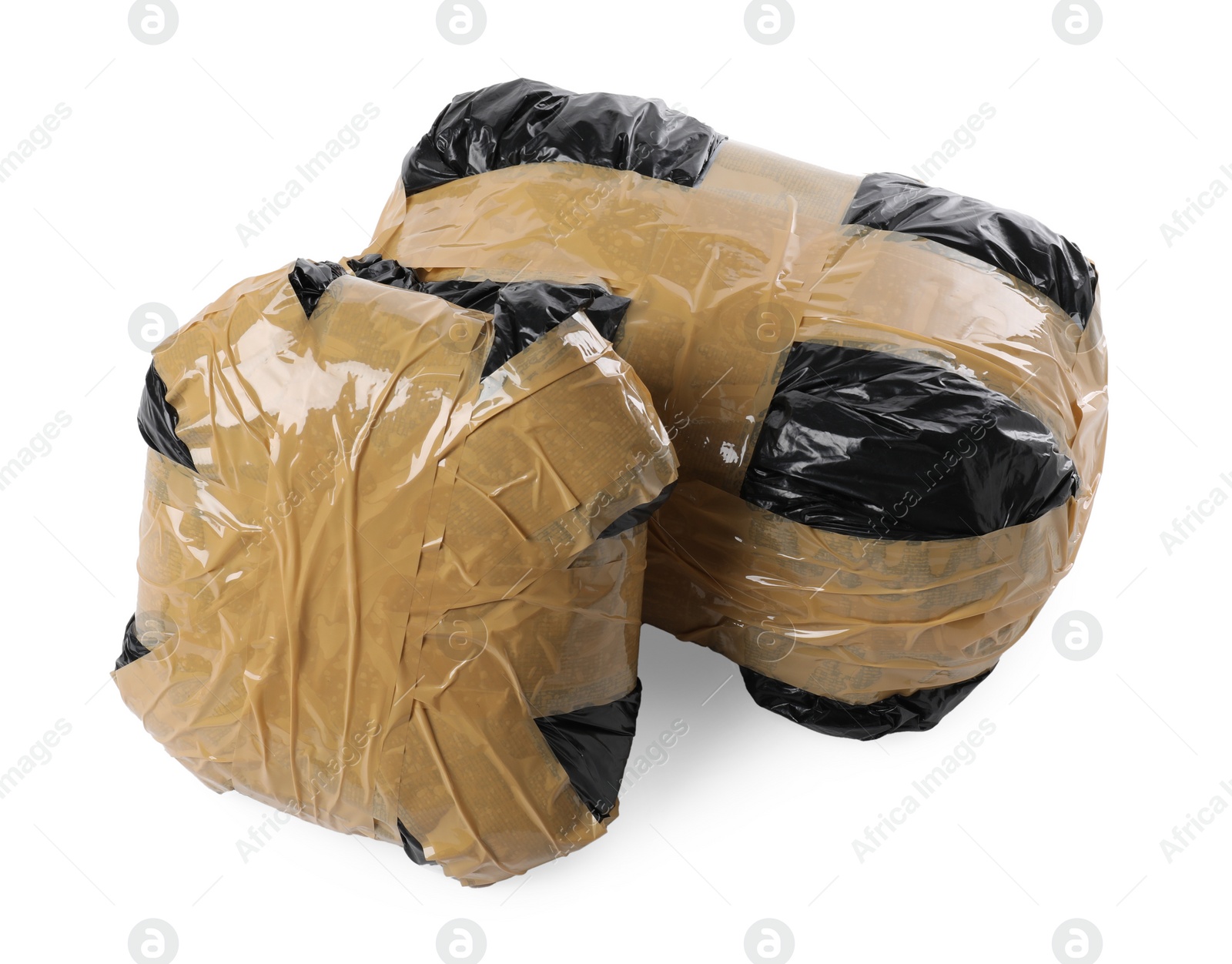 Photo of Packages with narcotics isolated on white. Drug addiction