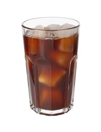 Photo of Tasty coffee with ice cubes in glass isolated on white