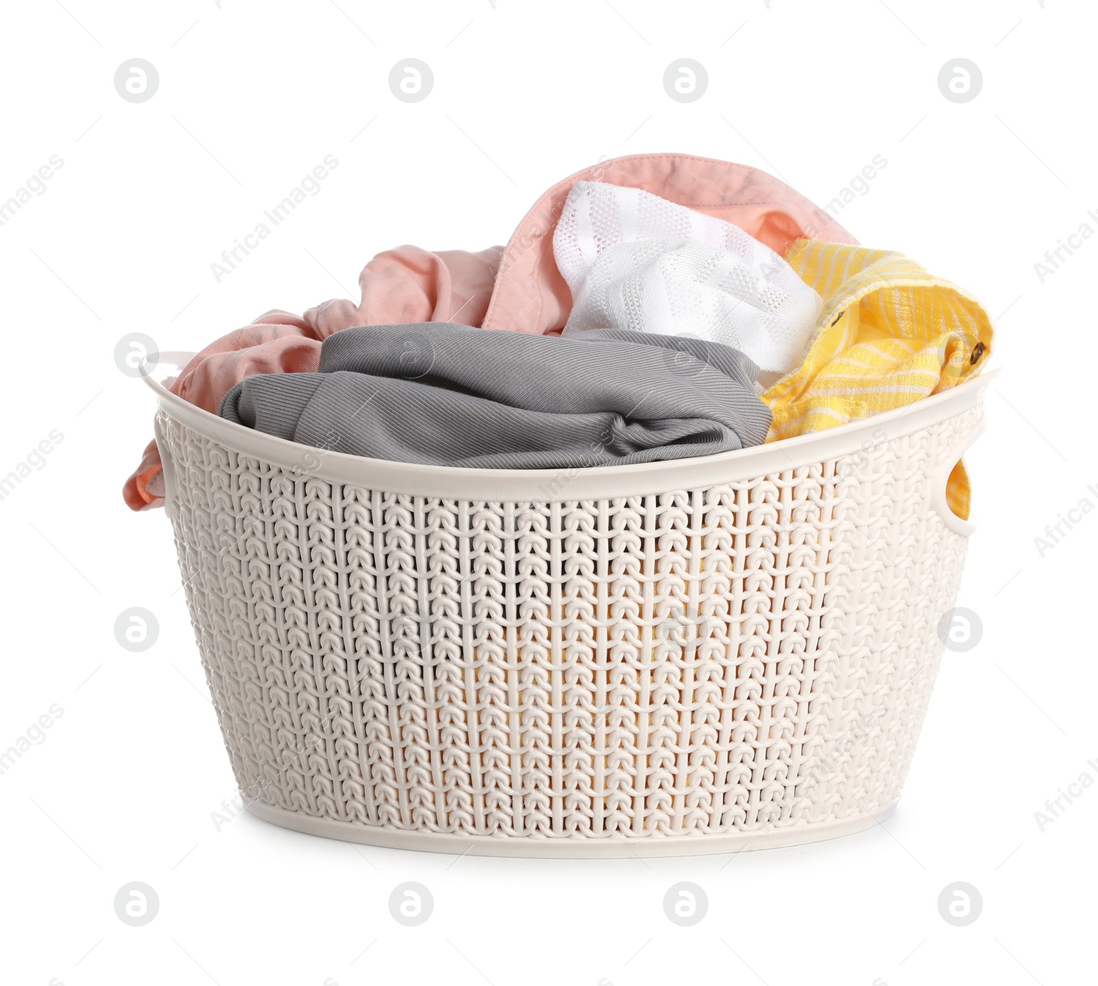 Photo of Plastic laundry basket full of dirty clothes on white background