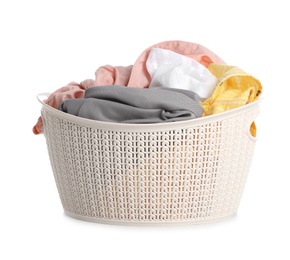 Plastic laundry basket full of dirty clothes on white background