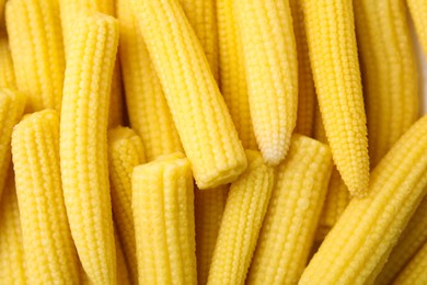 Photo of Tasty fresh yellow baby corns as background, top view