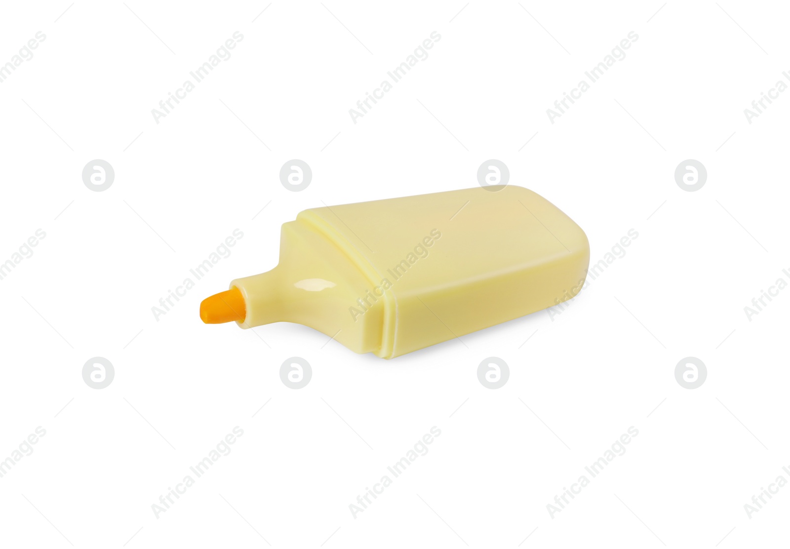 Photo of One yellow marker on white background. School stationery