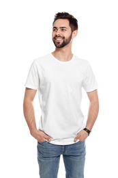 Photo of Young man in t-shirt on white background. Mock up for design